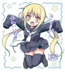  1girl :d artist_name black_legwear blonde_hair blush character_name fang kantai_collection long_hair low_twintails open_mouth orange_eyes pikazo satsuki_(kantai_collection) school_uniform serafuku skirt sleeves_past_wrists smile solo star thigh-highs translation_request twintails very_long_hair 