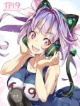  1girl animal_ears axent_wear blue_hair breasts cat_ears cat_tail character_name fake_animal_ears hair_ornament hair_ribbon headphones highres i-19_(kantai_collection) kantai_collection large_breasts long_hair looking_at_viewer name_tag one-piece_swimsuit open_mouth red_eyes ribbon school_swimsuit solo sparkle super_zombie swimsuit tail torpedo twintails white_background 
