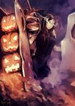  1girl black_hair glowing halloween head_wings jack-o&#039;-lantern kantai_collection kyouya_(mukuro238) long_hair pale_skin ru-class_battleship shinkaisei-kan solo 