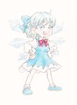  1girl ankle_socks blue_dress blue_eyes blue_hair bow cirno dress fumie_(mikan_to_mu_83) hair_bow hands_on_hips highres ice ice_wings long_sleeves open_mouth red_bow shoes short_hair smile solo touhou traditional_media white_background wings 
