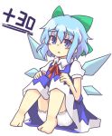  1girl barefoot bloomers blue_eyes blue_hair blush bow cirno collared_shirt dress eyebrows hair_bow ice ice_wings legs looking_at_viewer open_mouth s_katsuo short_hair sitting solo thick_eyebrows touhou underwear upskirt white_background wings 