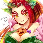  1girl 2014 :q akira_b bare_shoulders between_breasts breasts character_name cleavage dated eyebrows halloween jack-o&#039;-lantern league_of_legends long_hair looking_at_viewer lowres redhead simple_background solo tongue tongue_out trick_or_treat white_background yellow_eyes zyra 