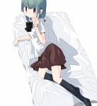  1girl bangs bed_sheet black_legwear blue_hair blunt_bangs eu_(cerulean-blue) hair_ornament hairclip lying on_side original red_eyes ribbon school_uniform skirt socks solo tagme v 