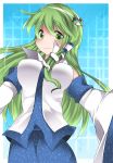  1girl blush bouncing_breasts breasts commentary_request detached_sleeves frog_hair_ornament green_eyes green_hair hair_ornament hammer_(sunset_beach) kochiya_sanae large_breasts long_hair looking_at_viewer snake_hair_ornament solo touhou 