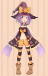  1girl cupen halloween hat highres navel original purple_hair short_hair solo striped striped_legwear thigh-highs violet_eyes witch_hat 