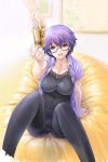  1girl arm_support bean_bag black_legwear breasts can glasses kiyama_satoshi open_mouth outstretched_hand pantyhose purple-framed_glasses red_eyes semi-rimless_glasses solo sunshine_creation under-rim_glasses violet_eyes 