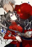  1boy 1girl archer black_hair blue_eyes bow_(weapon) fate/stay_night fate_(series) grey_hair hair_ribbon harurie ribbon tohsaka_rin toosaka_rin two_side_up weapon 