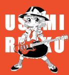  1girl bow character_name chibi electric_guitar guitar hair_bow hat highres instrument jirousan21 monochrome red_background ribbon short_hair skirt smile solo spot_color tie_clip touhou usami_renko 