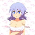  1girl bare_shoulders blue_eyes blue_hair blush bouncing_breasts breast_rest breasts bust cato_(monocatienus) cleavage collarbone heart large_breasts letty_whiterock naked_towel open_mouth solo tareme touhou towel 