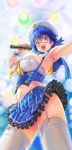  1girl armpits blue_eyes blue_hair blush breasts cowboy_shot from_below garter_straps glasses hat highres idol kiyama_satoshi microphone navel open_mouth outstretched_arm red-framed_glasses skirt solo stage_lights sunshine_creation sweat thigh-highs white_legwear 