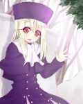  1girl :d capelet coat fate/stay_night fate_(series) hat illyasviel_von_einzbern long_hair open_mouth red_eyes smile solo waving white_hair yuuuuu_(magia-mami) 