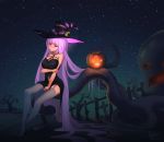  1girl absurdres black_dress blush breasts crescent dress graveyard halloween hat highres jack-o&#039;-lantern large_breasts long_hair patchouli_knowledge purple_hair sky solo star_(sky) starry_sky tentacles touhou violet_eyes witch_hat 