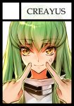  anger_vein c.c. circle_cut code_geass creayus fingers_to_another&#039;s_cheeks green_hair smile yellow_eyes 