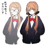  1girl brown_eyes brown_hair coke-bottle_glasses glasses gum_(gmng) hair_ornament hands_in_pockets school_uniform simple_background translation_request twintails white_background 