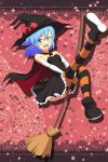  1girl :d alternate_costume ankle_boots blue_eyes blue_hair blush boots broom broom_riding cape cato_(monocatienus) cirno costume dress halloween hat highres looking_at_viewer one_leg_up open_mouth smile solo strapless_dress striped striped_legwear thigh-highs touhou tsurime witch witch_hat 