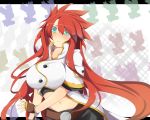  1girl blue_eyes blush breasts bust fingerless_gloves genderswap gloves kyuchan large_breasts letterboxed long_hair looking_at_viewer luke_fon_fabre mieu navel redhead solo spiky_hair tales_of_(series) tales_of_the_abyss tears 