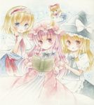  3girls alice_margatroid blonde_hair blue_eyes book bow braid capelet crescent dress hair_bow hairband hat kagome_f kirisame_marisa long_hair multiple_girls patchouli_knowledge pointing purple_hair ribbon shanghai_doll short_hair smile touhou traditional_media violet_eyes watercolor_(medium) witch_hat yellow_eyes 
