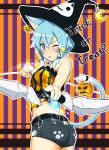  1girl animal_ears arrow blue_eyes blue_hair bow_(weapon) cat_ears cla_(torinabe) halloween highres jack-o&#039;-lantern shinon_(sao-alo) short_hair short_shorts shorts sword_art_online tail weapon 