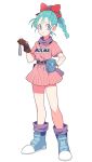  1girl belt boots bow braid brown_gloves bulma dragon_ball dragon_radar dress frown gloves gum_(gmng) hair_bow hand_on_hip name_tag pouch scarf simple_background solo vertical_stripes violet_eyes white_background 