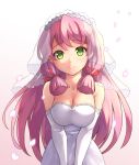  1girl absurdres akashi_(kantai_collection) alternate_costume bare_shoulders blush breasts bridal_veil cleavage dress elbow_gloves female gloves green_eyes hair_ribbon highres kantai_collection large_breasts long_hair petals pink_hair ribbon sakimiya_(inschool) simple_background smile solo veil wedding_dress white_gloves 