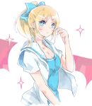  1girl ayase_eli blonde_hair blue_eyes bow breasts cleavage duizhang hair_bow love_live!_school_idol_project ponytail short_hair sketch solo sparkle 