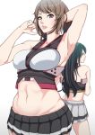  2girls abs bare_shoulders black_hair breasts brown_hair gero_(pixiv1503363) green_eyes hand_behind_head headwear_removed highres kantai_collection large_breasts long_hair looking_at_viewer midriff miniskirt multiple_girls mutsu_(kantai_collection) nagato_(kantai_collection) navel short_hair skirt 
