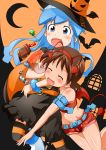  2girls artist_request belly blue_eyes blue_hair devil_horns dress eyebrows_visible_through_hair eyes_closed female halloween halloween_costume hat headband highres ikamusume long_hair multiple_girls nagatsuki_sanae open_mouth shinryaku!_ikamusume short_hair tentacle_hair tentacles thigh-highs thighs witch_hat 