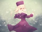  1girl capelet coat fate/stay_night fate_(series) hat illyasviel_von_einzbern long_hair red_eyes snowing solo white_hair ym_(snovee) 