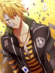  1boy amnesia_(idea_factory) berta_(artist) blonde_hair brown_eyes card expressionless feathers jacket jewelry male mask necklace playing_card shirt solo striped striped_shirt toma_(amnesia) yellow_background 