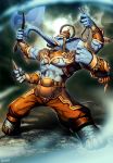  1boy animal_head axe blue_sclera blue_skin clenched_hands commentary elephant extra_arms full_body ganesha_(mythology) genzoman god hat hindu_mythology male muscle open_mouth rope signature solo standing tail tusks vambraces weapon 