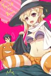  blonde_hair blush breasts character_request halloween hanao_(kuma-tan_flash!) hat jack-o&#039;-lantern kantai_collection long_hair open_mouth skirt smile striped striped_legwear thigh-highs trick_or_treat witch_hat 
