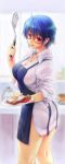  1girl apron blue_hair breasts glasses highres kiyama_satoshi kneepits ladle looking_at_viewer red-framed_glasses semi-rimless_glasses short_hair solo standing sunshine_creation tongue tongue_out under-rim_glasses 