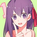  1 1girl countdown fate/stay_night fate_(series) green_background gum_(gmng) hair_ribbon index_finger_raised long_hair lowres matou_sakura open_mouth purple_hair ribbon solo violet_eyes 