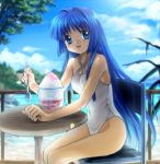  1girl blue_eyes blue_hair breasts casual_one-piece_swimsuit chair cleavage hair_intakes halterneck highres holding holding_spoon kanon lens_flare long_hair minase_nayuki mutsuki_(moonknives) ocean one-piece_swimsuit shaved_ice sitting smile solo spoon swimsuit table tree very_long_hair water 
