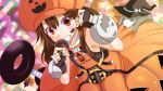  1girl adapted_costume anchor animal blush brown_eyes brown_hair fingerless_gloves flat_chest gloves grin guilty_gear hair_flip halloween hat jack-o&#039;-lantern long_hair may_(guilty_gear) orange_(color) pirate_hat ponkotsu smile solo witch_hat 