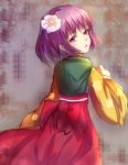  1girl bow flower hair_flower hair_ornament hieda_no_akyuu hizagawa_rau japanese_clothes kimono looking_back purple_hair ribbon short_hair sketch solo touhou violet_eyes 