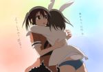  2girls animal_ears female_admiral_(kantai_collection) hug kantai_collection kisetsu multiple_girls rabbit_ears sendai_(kantai_collection) short_hair swimsuit tail translation_request 