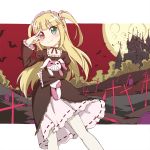  1girl amahara_hiroaki bat blonde_hair boku_wa_tomodachi_ga_sukunai castle contrapposto full_moon gothic_lolita graveyard hasegawa_kobato heterochromia lolita_fashion long_hair moon red_sky sky smile solo stuffed_animal stuffed_bunny stuffed_toy tagme 