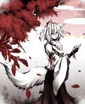  1girl animal_ears autumn_leaves bare_shoulders breasts detached_sleeves fingerless_gloves gloves hat highres inubashiri_momiji leaf looking_at_viewer mountain nature nayutaro pom_pom_(clothes) red_eyes short_hair silver_hair solo tail tokin_hat touhou tree wolf_ears wolf_tail 