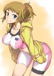  1girl bike_shorts blue_eyes blush breasts brown_hair gundam gundam_build_fighters gundam_build_fighters_try hoshino_fumina jacket large_breasts looking_at_viewer midriff ponytail scrunchie short_hair smile solo sports_bra yanagi_(tsukiakari) 