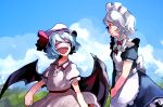  2girls ^_^ apron bat_wings blue_hair blue_sky braid closed_eyes damenaito fang grass happy hat izayoi_sakuya looking_at_another maid maid_headdress multiple_girls open_mouth outdoors remilia_scarlet short_hair silver_hair sky smile touhou twin_braids wings 