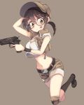  1girl :p belt boots brown_eyes brown_hair crop_top fio_germi glasses gun hand_on_own_head handgun hat highres holding jacket knee_pads metal_slug midriff navel open_clothes open_jacket ponytail running short_hair short_shorts shorts shuf smile solo tongue tongue_out weapon 