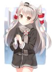  1girl adapted_costume alternate_costume amatsukaze_(kantai_collection) brown_eyes can coat hair_tubes hairband head_tilt holding hyuuga_azuri kantai_collection long_hair looking_at_viewer parted_lips scarf silver_hair solo steam two_side_up 