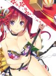  1girl bikini breasts choker cleavage fan from_above japanese_clothes large_breasts long_hair looking_at_viewer mmu official_art redhead smile solo strapless swimsuit thigh_gap twintails umbrella violet_eyes 