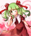  1girl ;) alternate_hairstyle bow dress green_eyes green_hair hair_bow hair_ribbon heart kagiyama_hina kanno_fumiroku long_hair looking_at_viewer one_eye_closed pointing pointing_at_self red_dress ribbon short_sleeves smile solo touhou twintails winking wrist_ribbon 