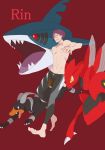  1boy character_name crossover free! houndoom jammers matsuoka_rin muscle pokemon pokemon_(creature) red_eyes redhead ronisuke scizor sharp_teeth sharpedo shirtless short_hair smile 