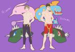  2boys barefoot basculin black_hair brown_hair character_name crossover free! gorebyss huntail jammers minami_kazuki multiple_boys pokemon pokemon_(creature) ronisuke shirtless short_hair smile uozumi_takuya 