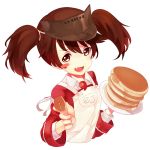  1girl apron blush_stickers brown_eyes brown_hair fang feeding fork hat kantai_collection looking_at_viewer open_mouth pancake plate raixx21 ryuujou_(kantai_collection) solo twintails white_background 