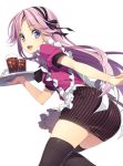  1girl :d apron ass black_legwear frills glass hairband long_hair looking_back mmu official_art open_mouth original purple_hair skirt smile soda solo thigh-highs tray violet_eyes waitress 