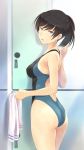  1girl amagami ass black_eyes black_hair blush competition_swimsuit from_behind highres long_hair looking_back one-piece_swimsuit open_mouth ponytail short_ponytail solo swimsuit towel tsukahara_hibiki wa_(genryusui) 